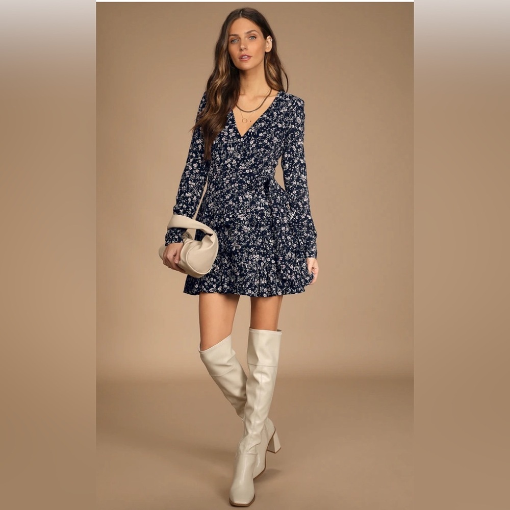 Lulus Winter Flower Navy Blue Floral Long Sleeve Faux Wrap Mini Dress